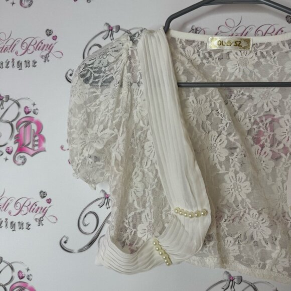 Shrug pearls white cream Lacie mini top Chic Lace Blouse with Pearl Accents - Picture 3 of 5